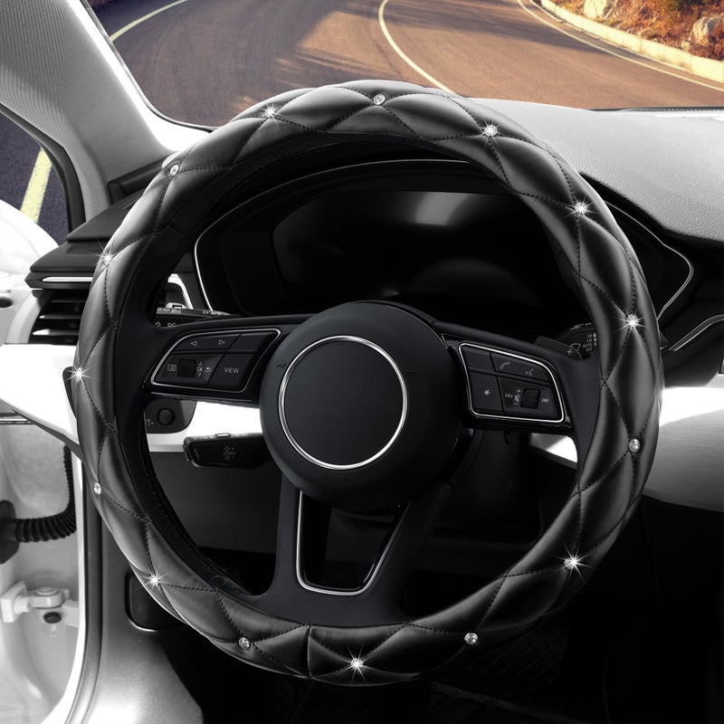 YOGURTCK Diamond Soft Leather Anti-Slip Steering Wheel Cover with Bling Bling Crystal Rhinestones  Universal 15 Inch for Women Girls  Fit Vehicles  Sedans  SUVs  Vans  Trucks - Black - Image 3